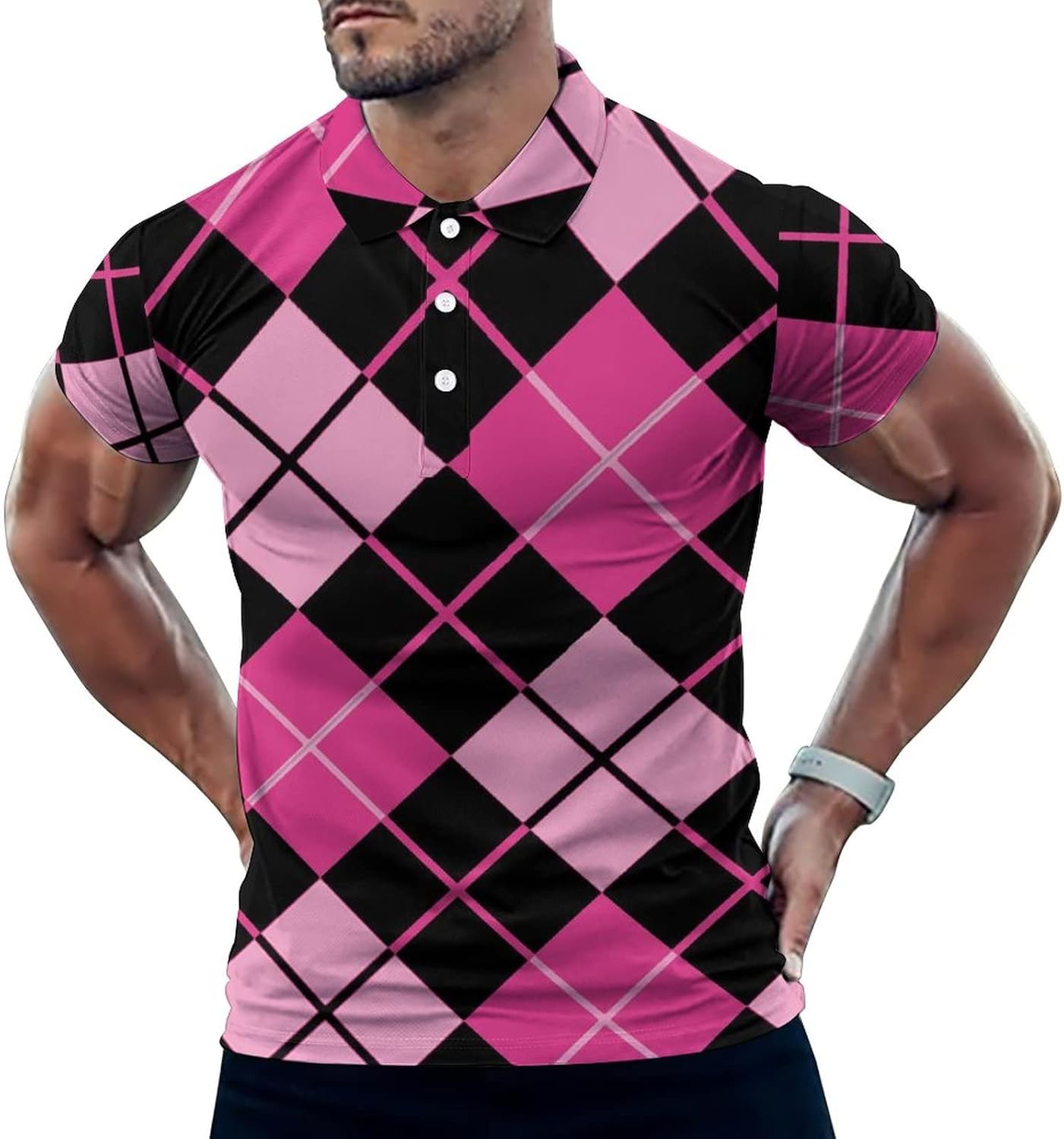 Black & Pink Argyle Men's Golf Polo-Shirt Casual Short Sleeve T-Shirt Classic Slim Fit Tee Tops