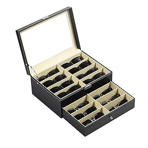 AUTOARK AUTOARK Organizador de cuero para 16 piezas de almacenamiento de gafas y gafas de sol con cajón con cerradura,Negro,AW-093