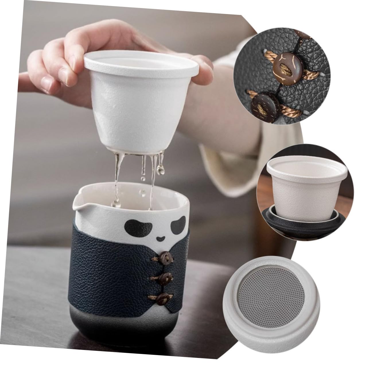 VOSAREA Tasse à Thé Chinoise en Céramique avec Filtre, 1 Pièce | Panda, Usage Bureau et Dégustation Quotidienne, Paroi Intérieure Émaillée Uniforme, Surface Lisse