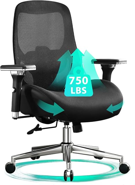 750lbs Grande et grande chaise de bureau avec grand coussin de siège épais pour les personnes lourdes 4D Accoudoirs, support Lombaire réglable pour adultes 8 Heures de travail