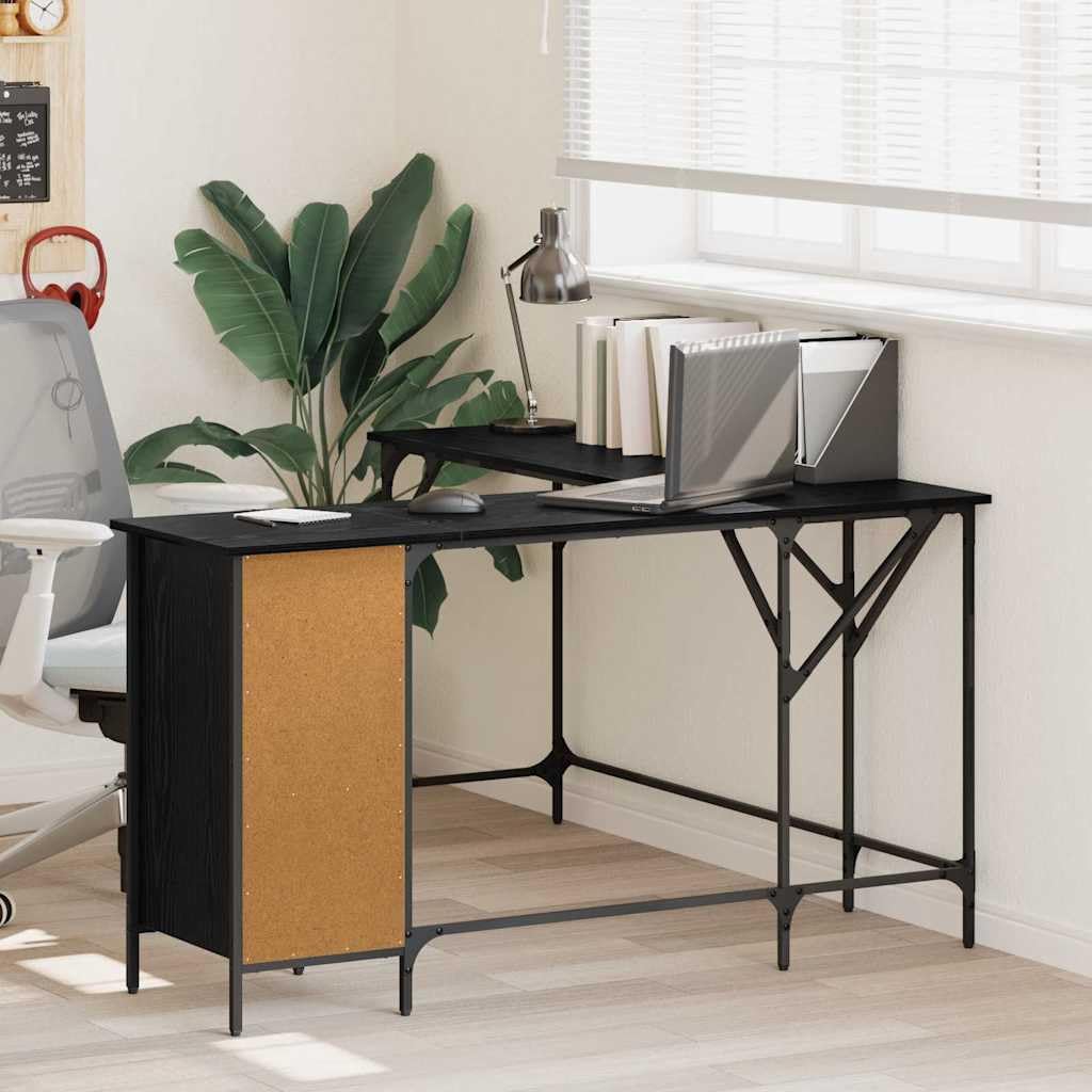 Regulowane biurko narożne o wyglądzie czarnego dębu 141 x 141 x 75 cm z regałem, materiał drewnopochodny, duże miejsce pracy na laptopa, do biura, biura