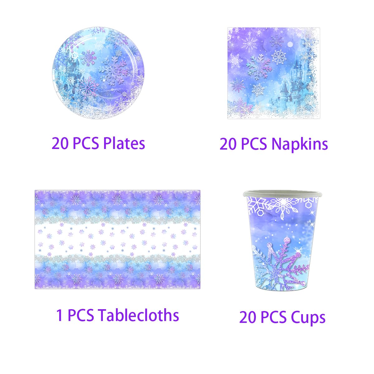 Stoviglie per feste Frozen,Set di stoviglie per feste con fiocchi di neve blu e viola,20 tovaglioli 20 bicchieri di carta 20 piatti di carta 1 tovaglia,Stoviglie per bambini e adulti