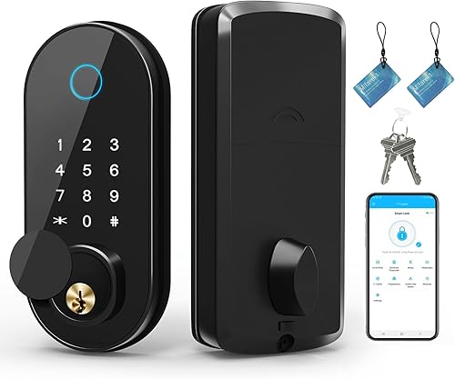 Aquewind Cerradura inteligente para puerta, cerradura de huellas dactilares con teclado, cerradura de entrada sin llave Bluetooth, cerraduras