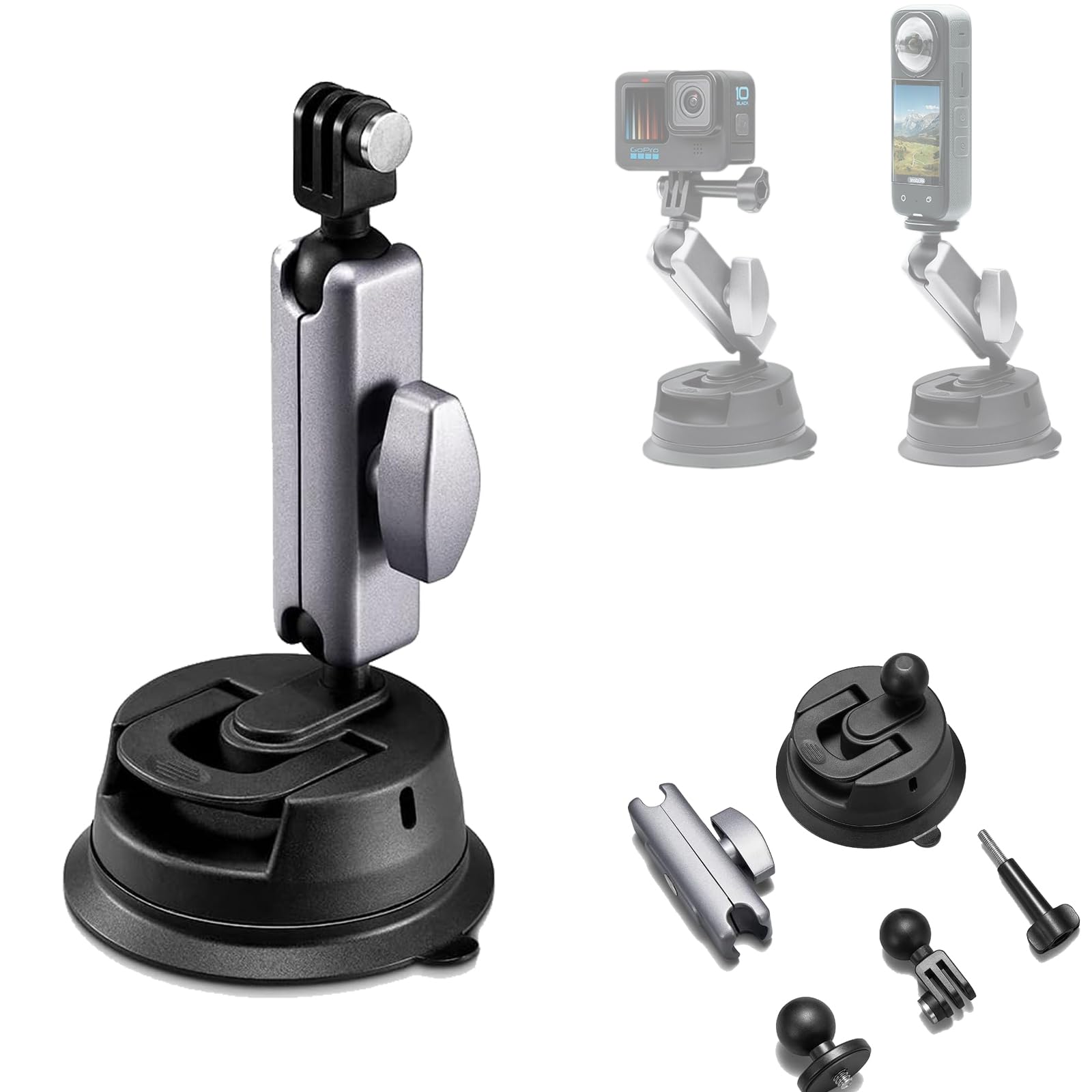 Soporte de Ventosa para Coche para Insta 360 X5 X4 X3 X2 / Gopro Hero12 11 10 9 8/dji dji Osmo Pocket 2 Action 4/3/2, Soporte de Ventosa para cámara de acción con Bola de Doble Cabezal de 360 °