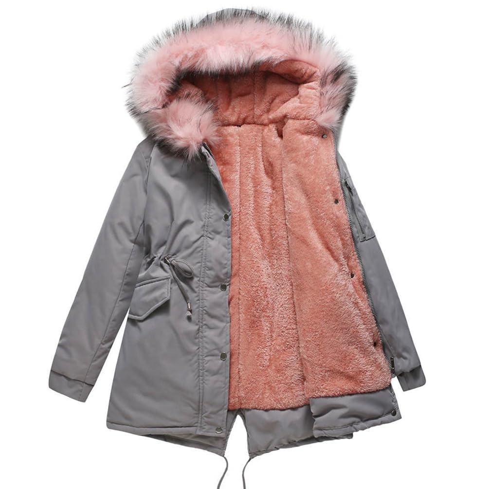 Płaszcze Parka Damskie Zimowe Termiczne Płaszcz Bawełniany Polar Długa Kurtka Z Kapturem Synthetic Futro Ciepła Kurtka Wiatroodporna Na Co Dzień Parka, Szary, L