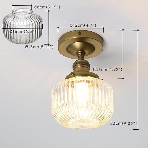 Miniatura 3 de JIMUBEAM Lámpara de techo industrial semiempotrada, pantalla de vidrio transparente a rayas, lámpara colgante de granja, cerca de techo para porche,