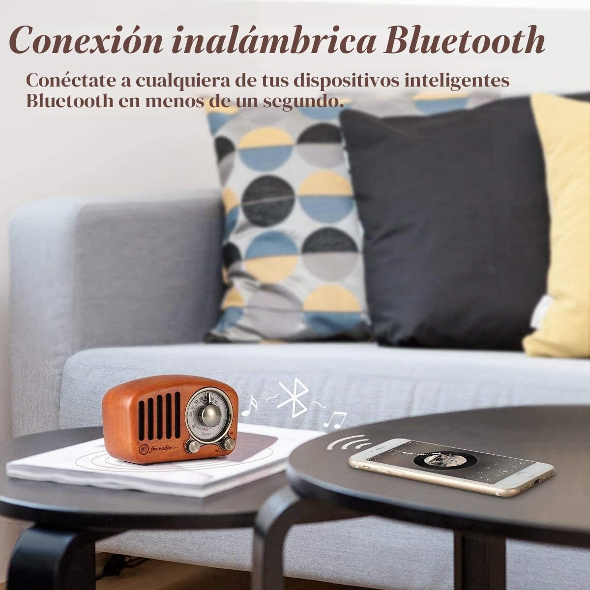 PRUNUS J-919 Radio Transistor FM SD MP3 Bluetooth de Formato de Madera Retro-Clásico, con Altavoz, función AUX, Sintonizador Circular de 270º y indicador de sintonía. (Madera de Cereza)