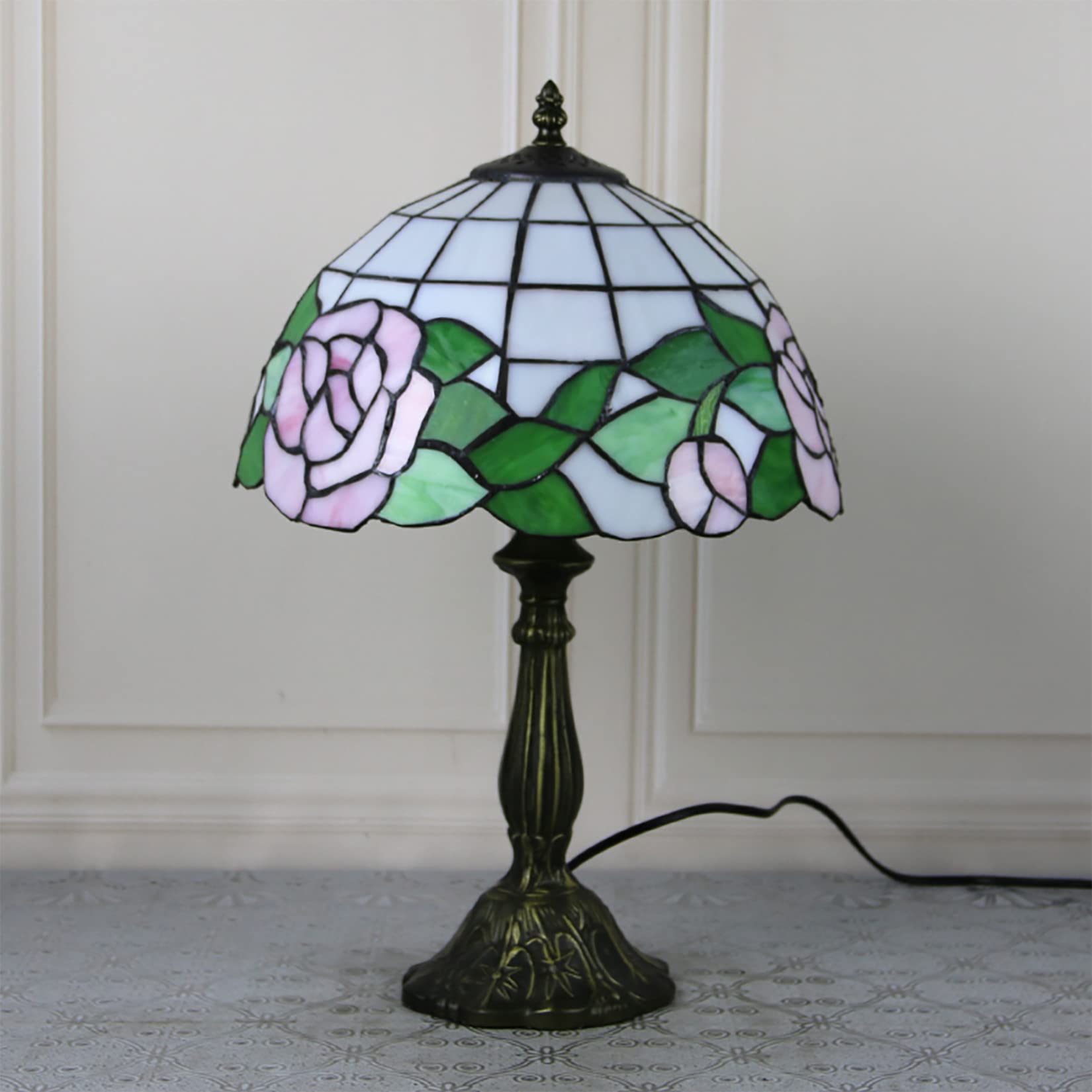 GDXH Tiffany Style Rose Green Leaves Shade Table Lamp, Vintage Pink White Green Stained Glass Desk Decoration Lamp 12 Inch Bedside Reading Lamp for Living Room, Study Room