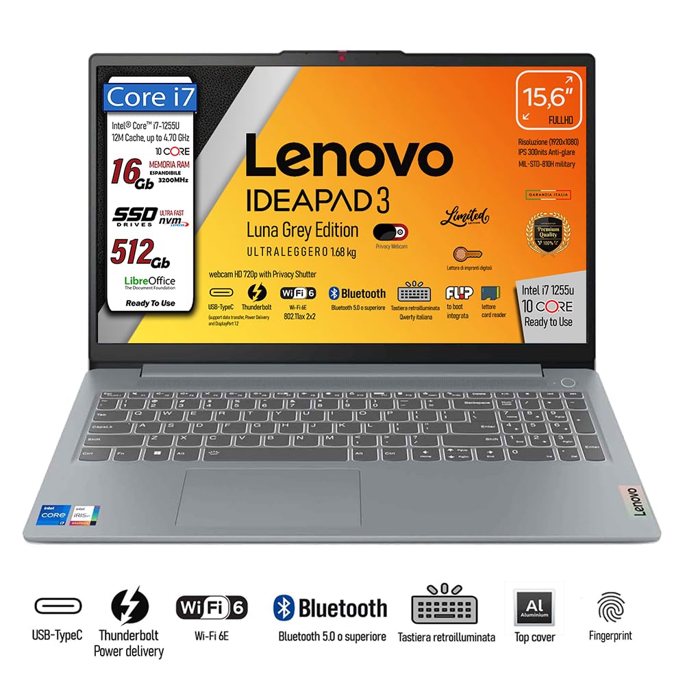 Lenovo Notebook PC Portatile i7 1255U 10Core 16GB RAM 15,6" Full HD | Antiriflesso, SSD PCI 512GB, Wi-Fi6, Tastiera Retroilluminata, Fingerprint, Pronto all'uso