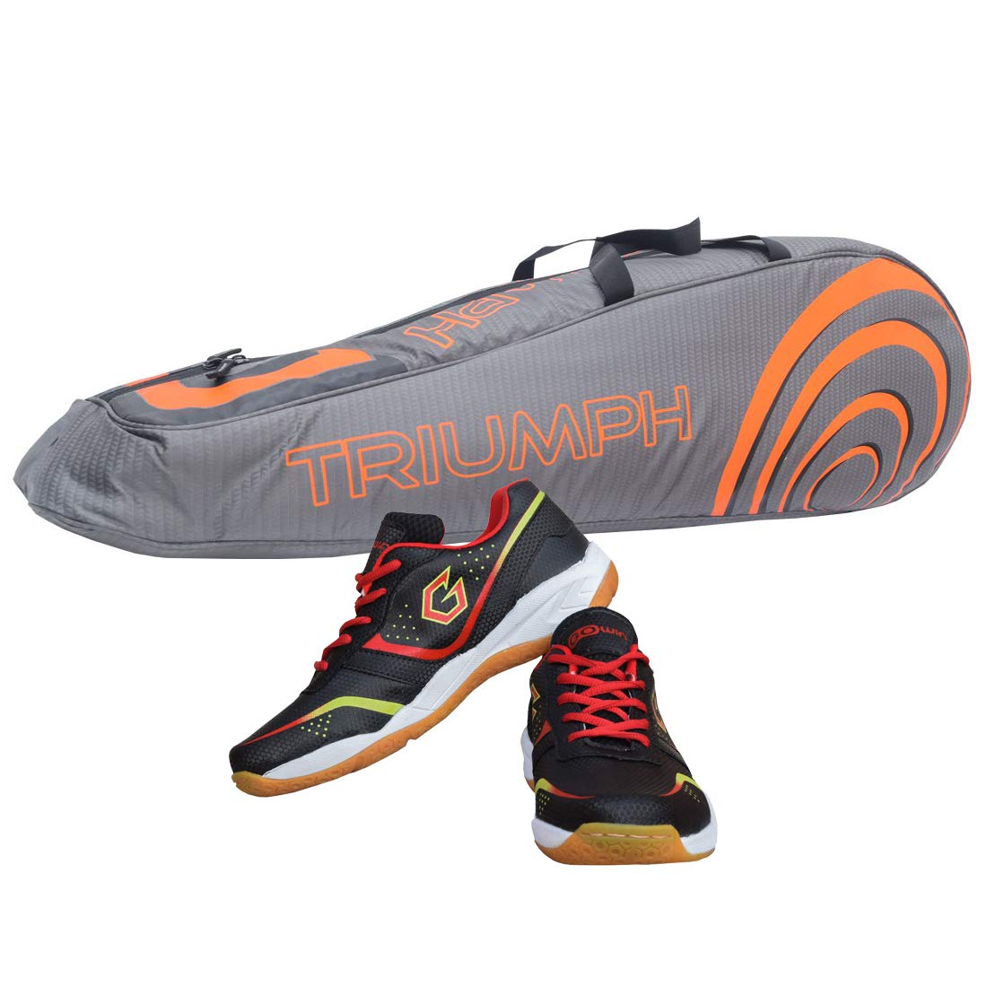 Gowin Badminton Shoe Smash Black Size-6 with Triumph Badminton Bag 304 Grey/Orange-image-18