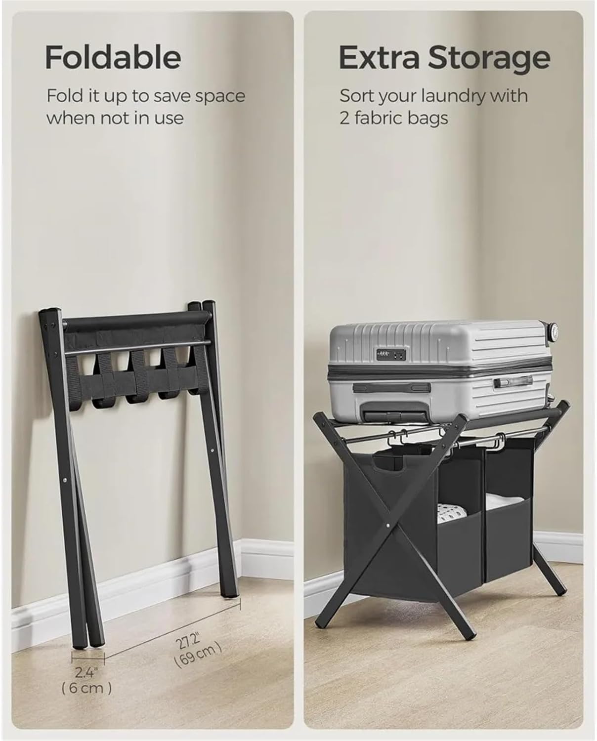 Luggage Rack 2pcs Pack Luggage Racks with 2 Removable Laundry Bag, Set of 2 Suitcase Stands for Guest Room, Foldable for Space-Saving Storage for Home,Travel(Black)