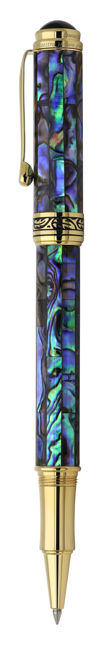 Xezo Stylo roller à pointe fine Maestro, coquillage Paua irisé et plaqué or 18 carats. Fabriqué à la main, édition limitée, sérialisé. Il n'y en a pas deux pareils