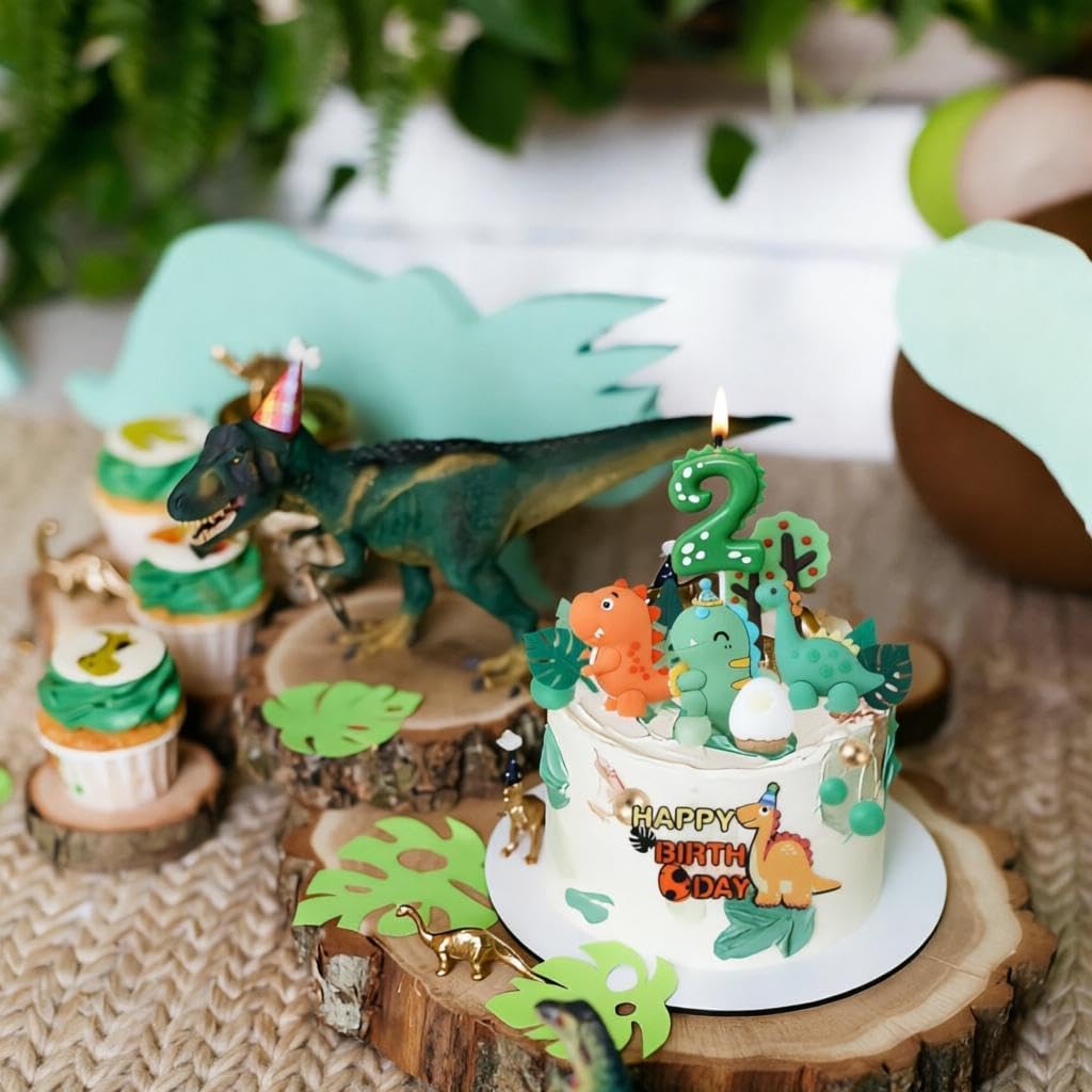 Dinosaur Cake Topper Set 27 Pcs for 2nd Birthday - Includes #2 Dino Candle, 3Pcs 3D Dino Figures, Trees, Leaves, Grass, Balls, Happy Brithday Sign - Dino Cake Decoration Set