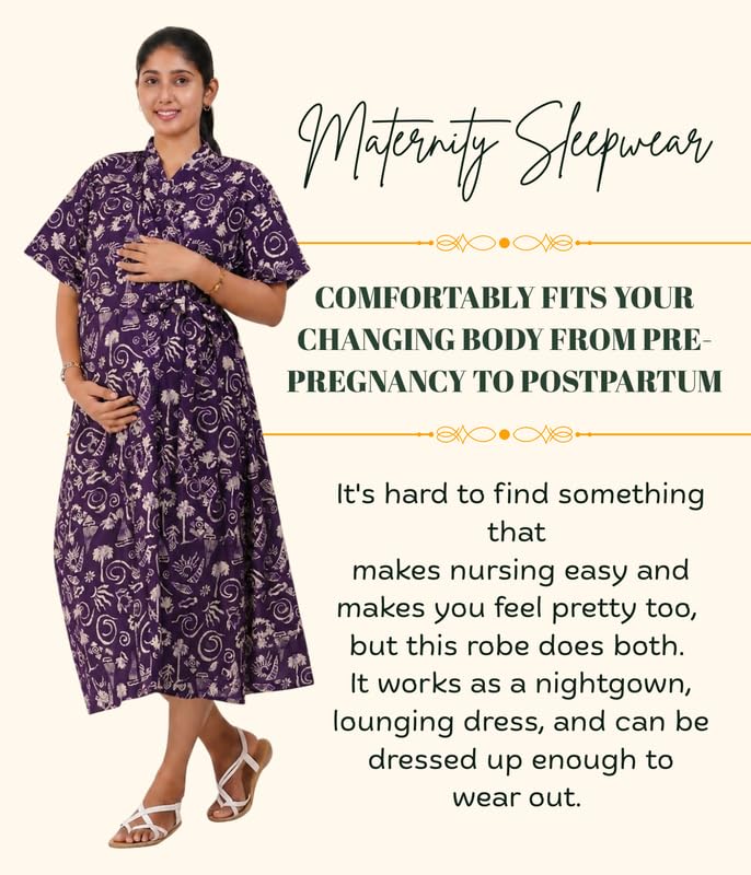 Image of MENMAII Cotton Feeding Robe for Women | Soft Breathable Maternity & Nursing Wear | Front Open Easy Feeding Access | Comfortable Nightwear for New Moms|Calf Length [Size: L,XL,XXL,3XL /FS]