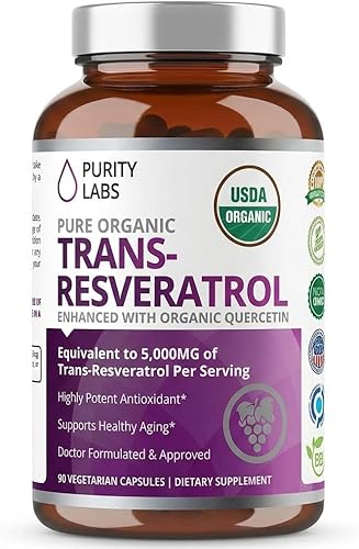 Purity Labs Suplemento Puro Orgánico de Trans Resveratrol con Quercetina, Suplementos Nutricionales Veganos Antioxidantes para el Corazón, Piel,