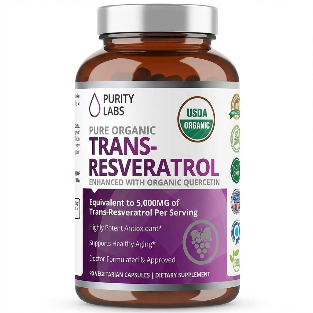 Purity Labs Pure Organic Trans Resveratrol Supplement with Quercetin, Vegan Antioxidant Nutritional Supplements for Heart, Skin, Hair, Nails | Sourced from Japanese Knotweed | 90 Capsules