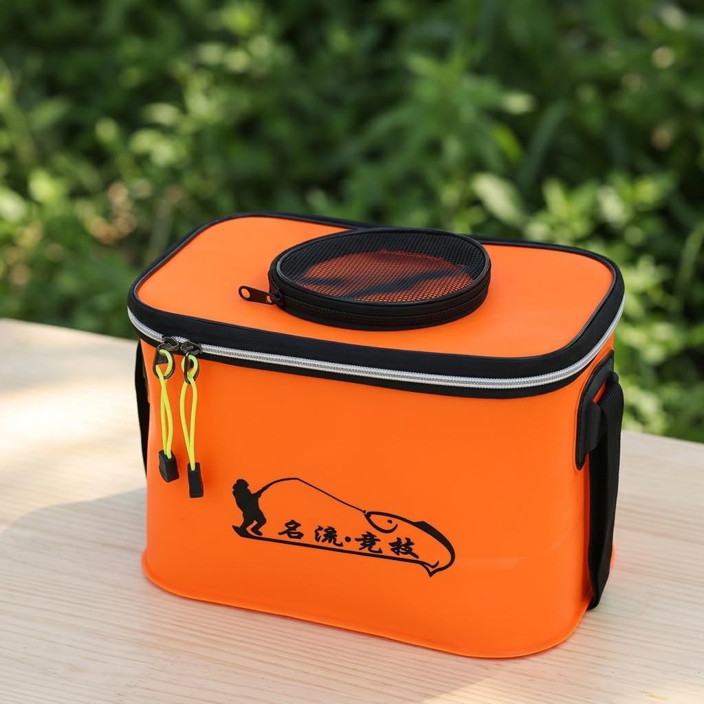 Secchio Pieghevole Portatile per Esche Attività all'Aperto - per escursioni | per il giardino, Arancione, 50cm con pompa di ossigeno ricaricabile