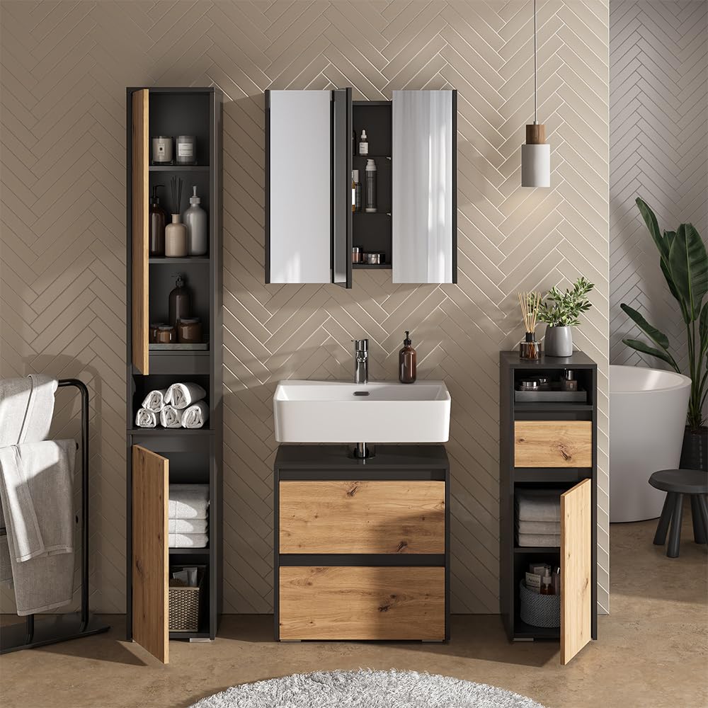 Vicco Specchio contenitore bagno Majest, Antracite, 67.4 x 68 cm con 3 porte a specchio, adatto per montaggio a parete e combinabile con la serie Majest