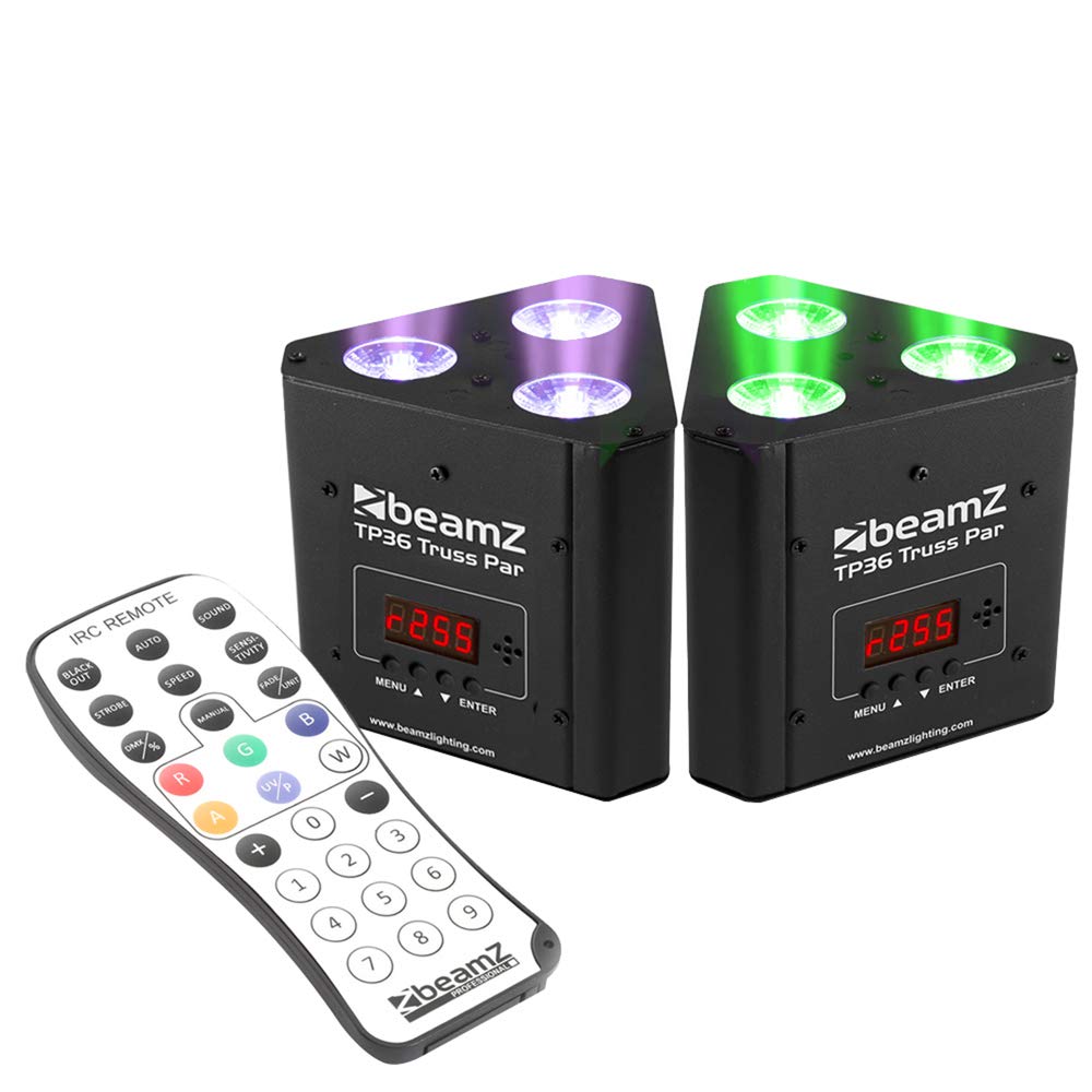 BeamZ TP36 LED Stage Lighting Set, Pair of RGB-UV Tri Truss Par Lights, DMX Control & Remote, Truss Warmer Uplighter for DJs, Bands, Events & Stage Lighting Effects