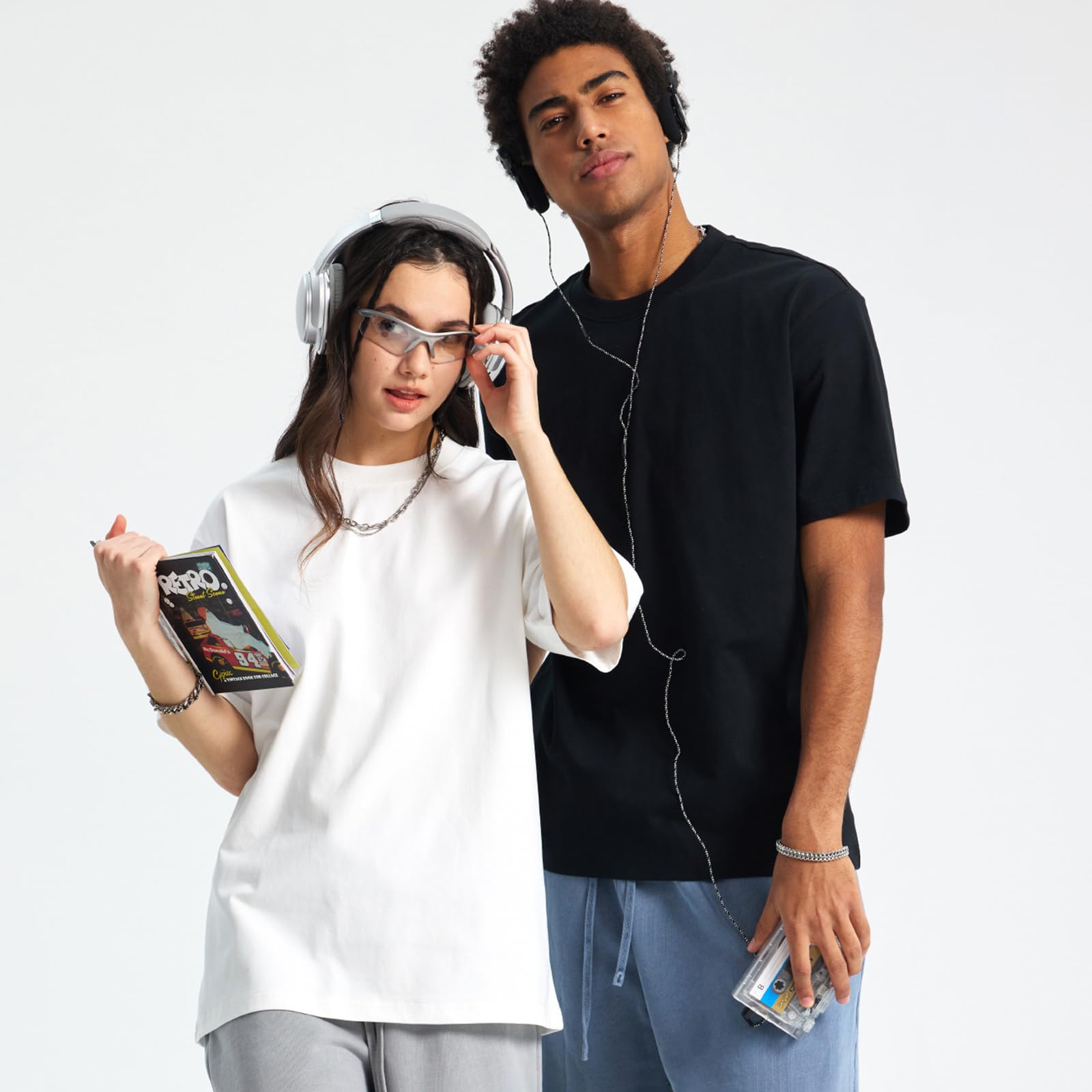 HOUZONIY Herren Oversize Basic T-Shirt, Einfarbig T Shirt Für Herren, Weich & Bequem Sommer Männer Kurzarm Rundhals Set