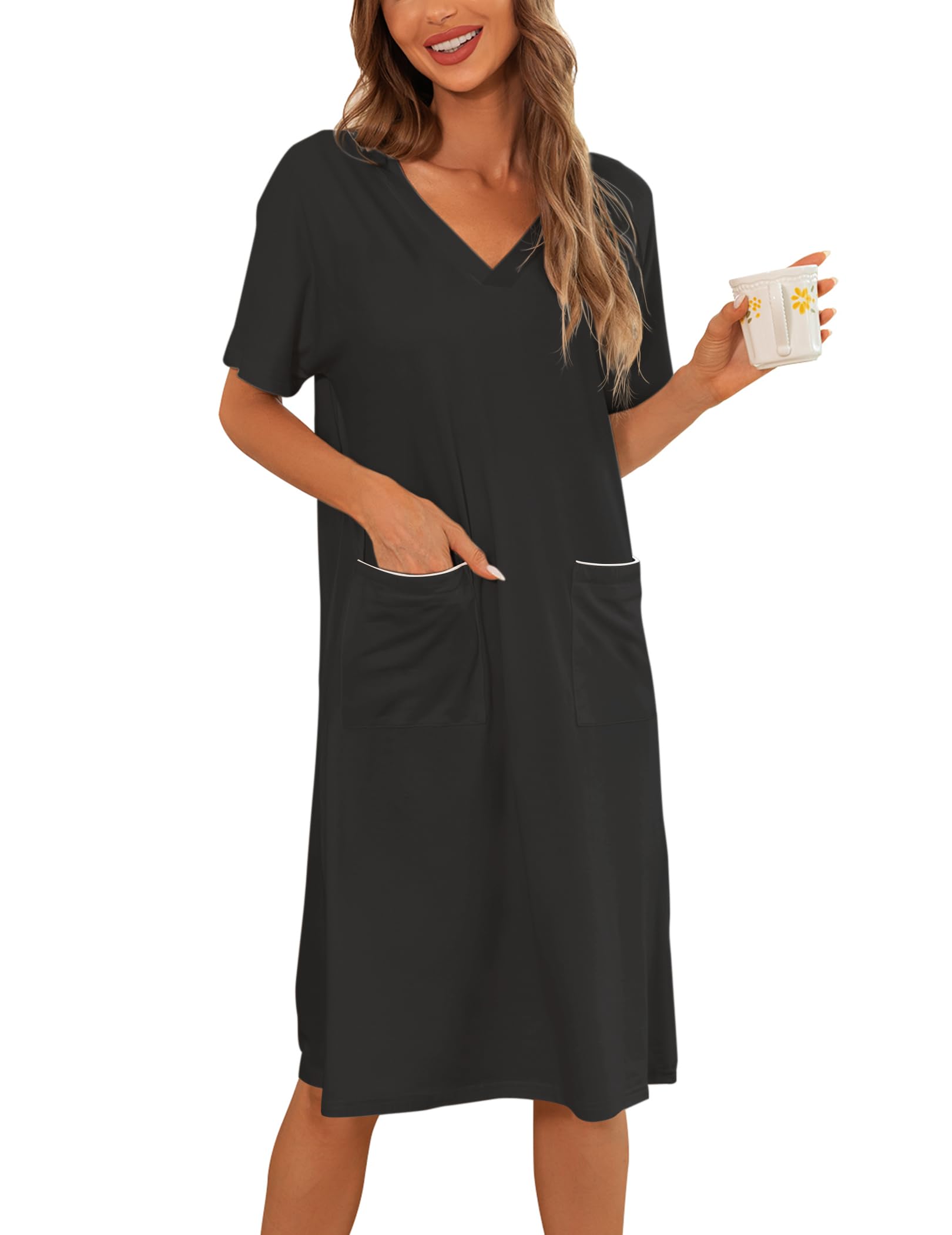 YYA Loose Nightgowns for Women Short Sleeve Sleepwear V Neck Nightshirt with Pockets Soft Pajama Dress S-3XL