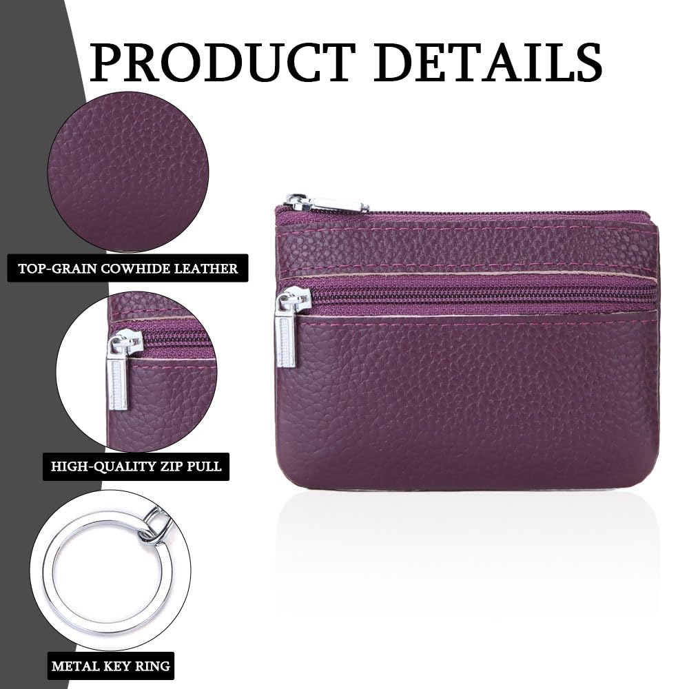 Petit Porte-Monnaie Cuir Véritable Femme, Violet Porte-Monnaie Mini Pochette Portable avec Porte-clés et 2*Compartiments, Mini Coin Purse Wallet pour Femme Homme