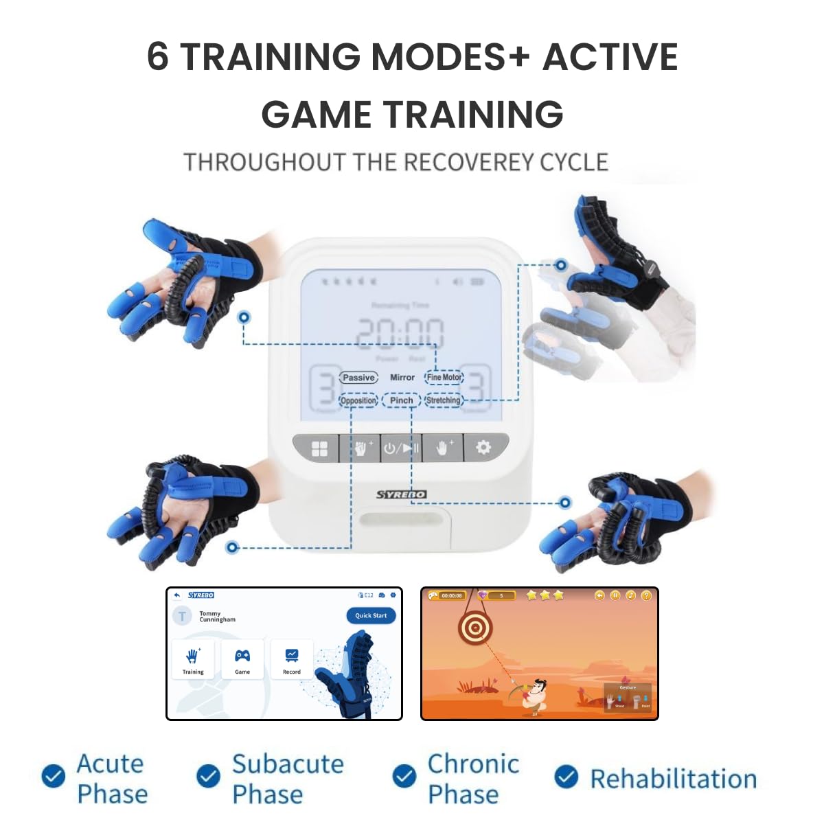 Dernier gant de rééducation de la main robot E12 - 7 modes d'entraînement, mode jeu actif, diffusion vocale, 9 niveaux de force réglables pour thérapie de la main (main droite, M)