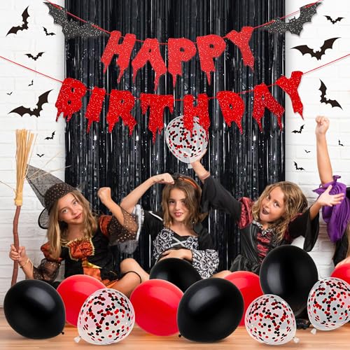 Image of Halloween Happy Birthday Banner, Bloody Bat Vampire Red and Black Birthday Decorations, Glitter Foil Fringe Curtains Backdrop Balloons Horror Movie Themed Party Decoration Supplies