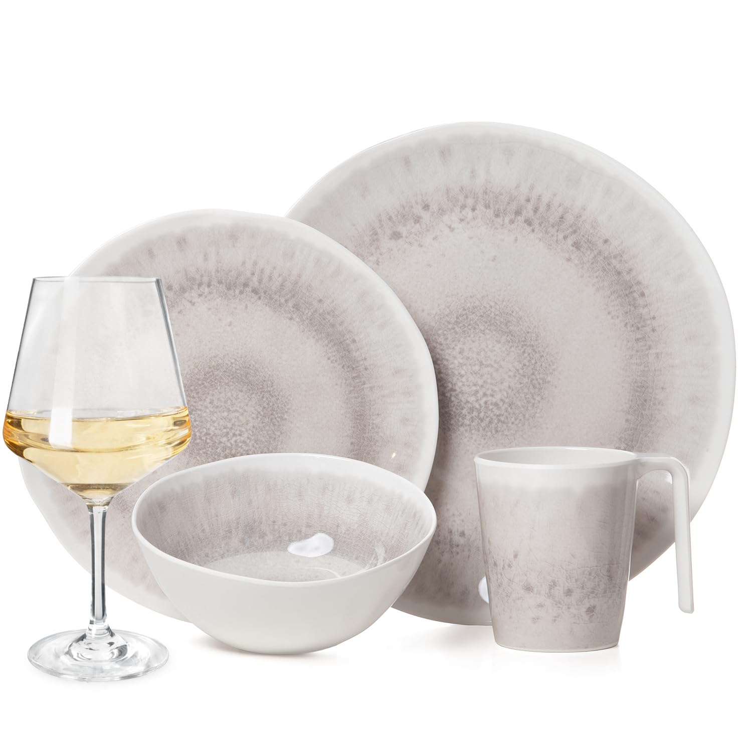 Vaisselle de camping en mélamine pour 4 personnes - 16 pièces - Design enclume + 4 verres à vin Milano - Blanc