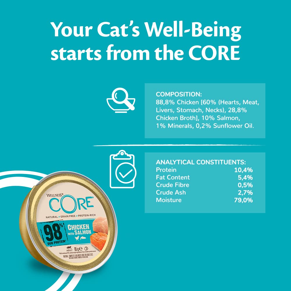 Wellness CORE 98% 12 x 85g, Chicken & Salmon – Wet Cat Food, Chunky Pate, Grain-Free, Natural, Hypoallergenic, Protein-Rich, High Meat Content