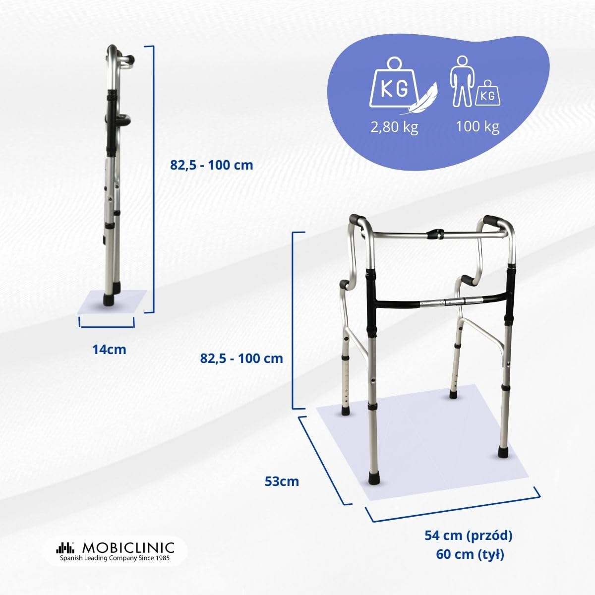 Mobiclinic®, Pórtico, Europejska marka, Chodzik, Regulacja wysokości, 2 składany, Lekki, Dla seniorów, Antypoślizgowy, Ergonomiczne uchwyty, Do 100 kg, Srebrny
