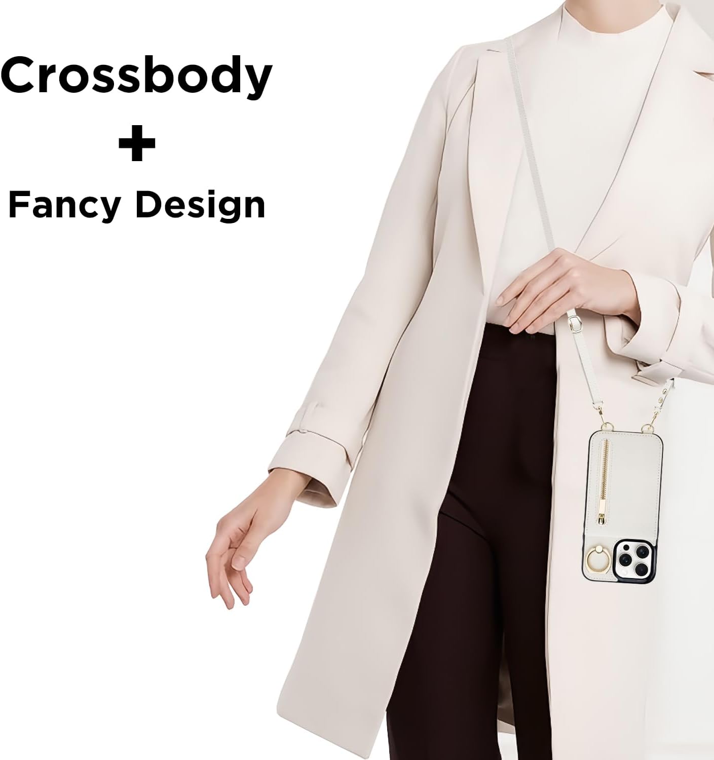 uCOLOR for iPhone 15 Pro Max Wallet Case with Card Holders for Women, Crossbody Zipper Protective Leather Case with Strap Wrist Ring RFID Protective 6.7" (Beige, iPhone 15 Pro Max 6.7") - Image 5