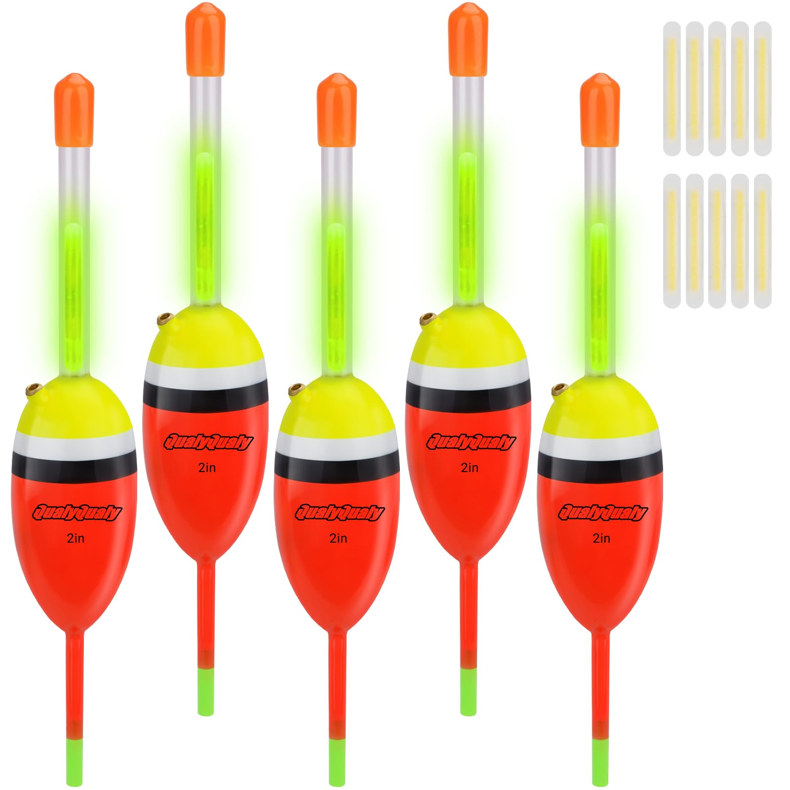 QualyQualy 5Pcs Lighted Fishing Bobbers EVA Foam Fishing Floats and Bobbers + 10Pcs Fishing Glow Sticks, Night Fishing Light Up Bobbers (Red, 2'' - 5Pcs)