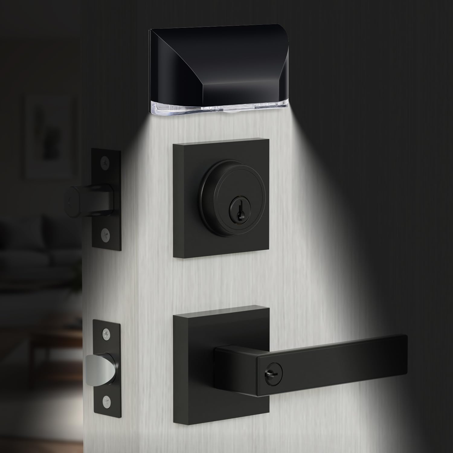 Juego de cerradura de puerta delantera con luz de sensor de cerradura, juego de cerradura de puerta exterior con llave igual, manija de puerta de entrada y cerrojo de seguridad de un solo cilindro