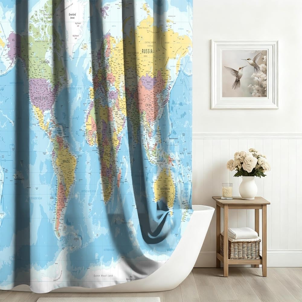 Tenda da doccia con mappa del mondo Tenda da bagno con oceano blu e continenti Mappa del mondo Geografia Tenda da doccia Tessuto impermeabile lavabile in lavatrice 200x180cm