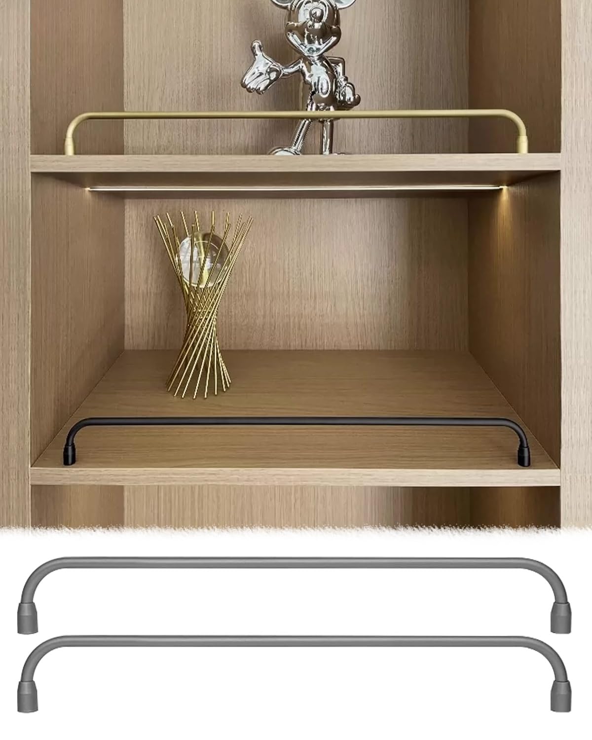 MESCXTY 2 Pack Shelves Guardrail Bars for Tipping, Cabinet Shelf Gallery Tipping Railing, Bookcase Tube Barrier Kit Easy Install, Shelving Bracket(Gray-A,26in/66cm)