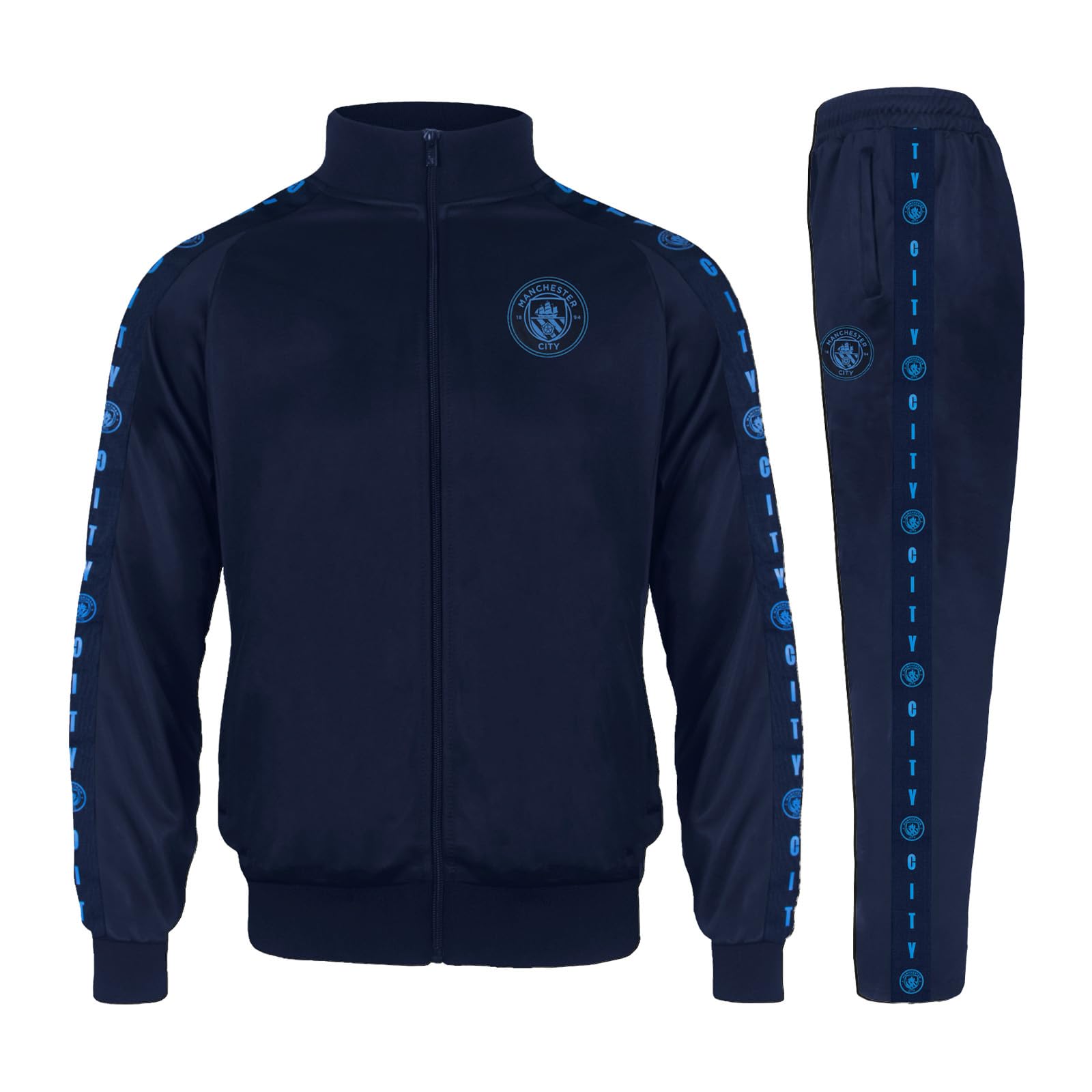 MANCHESTER CITY Official Mens Tracksuit - Taped Track Jacket & Pants Navy Medium