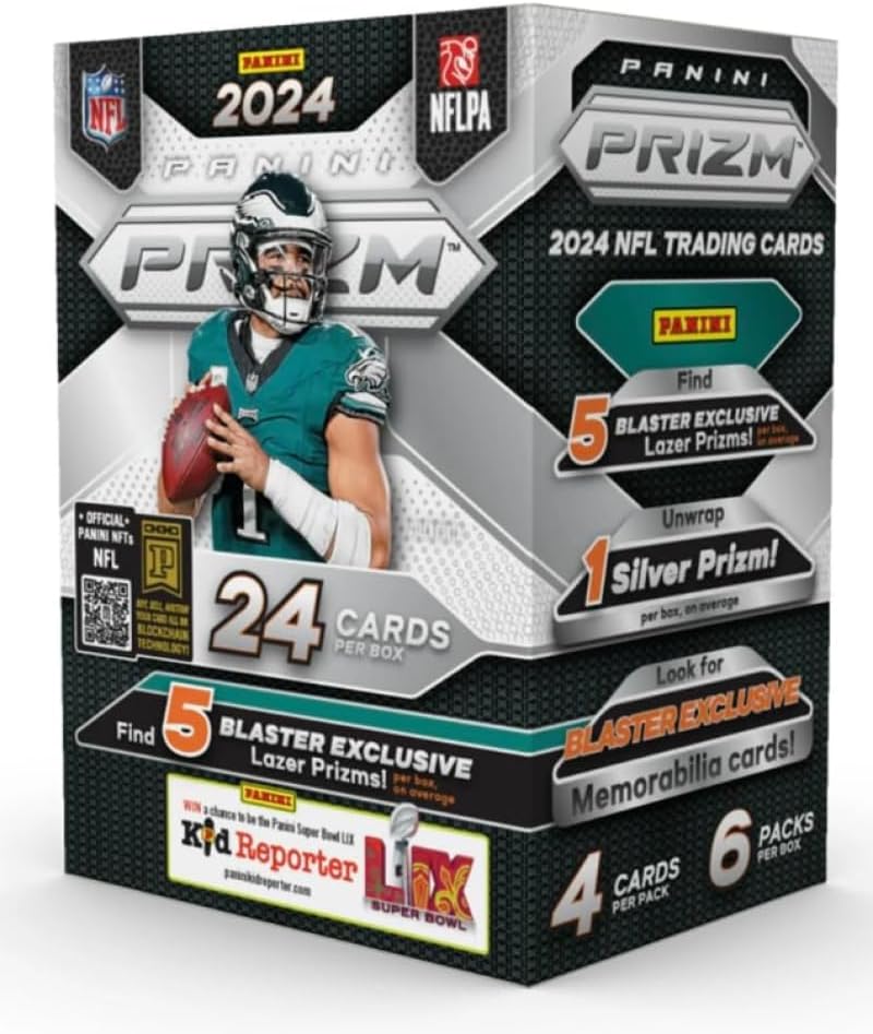 2024 Panini Prizm NFL Football Factory Sealed Blaster Box with 5 Lazer Parallels (per box, on average). 6 Packs of 4 Cards. Look for possible Blaster Exclusive Memorabilia Cards as well as possible autographs.