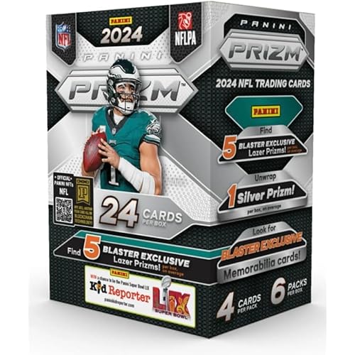 2024 Panini Prizm NFL Football Factory Sealed Blaster Box with 5 Lazer Parallels (per box, on average). 6 Packs of 4 Cards. Look for possible Blaster Exclusive Memorabilia Cards as well as possible autographs.
