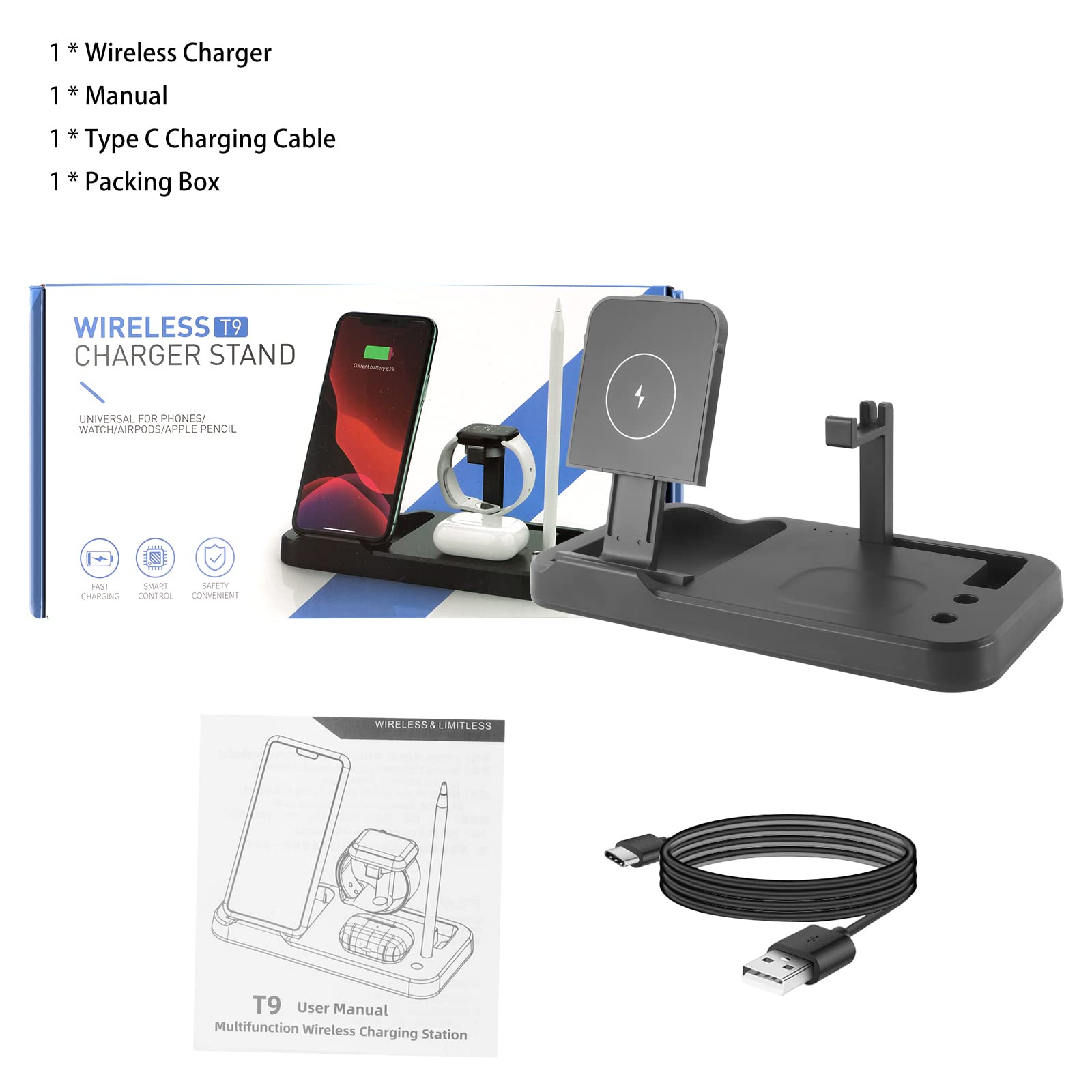 Station de charge sans fil 4 en 1, support de charge pliable, station de charge rapide améliorée pour iWatch Series 6/SE/5/4/3/2, AirPods et crayon, compatible avec iPhone et téléphone Android