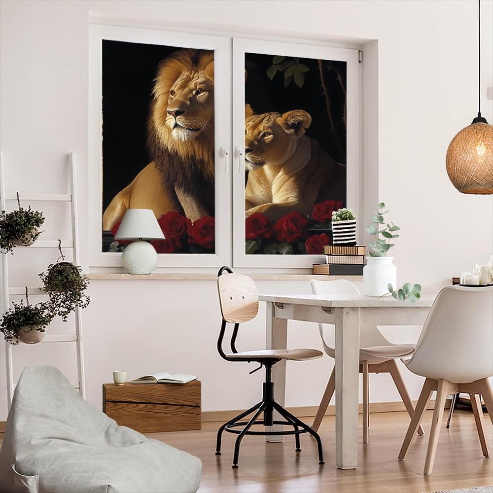 Majestic Lion Window Privacy Film Rustic Red Floral Rose Nature Animal Stained Glass Window Film Decorative Window Sticker for Home Window&Glass Door, Sun Blocking 27.6Wx47.2L inch x 2pcs