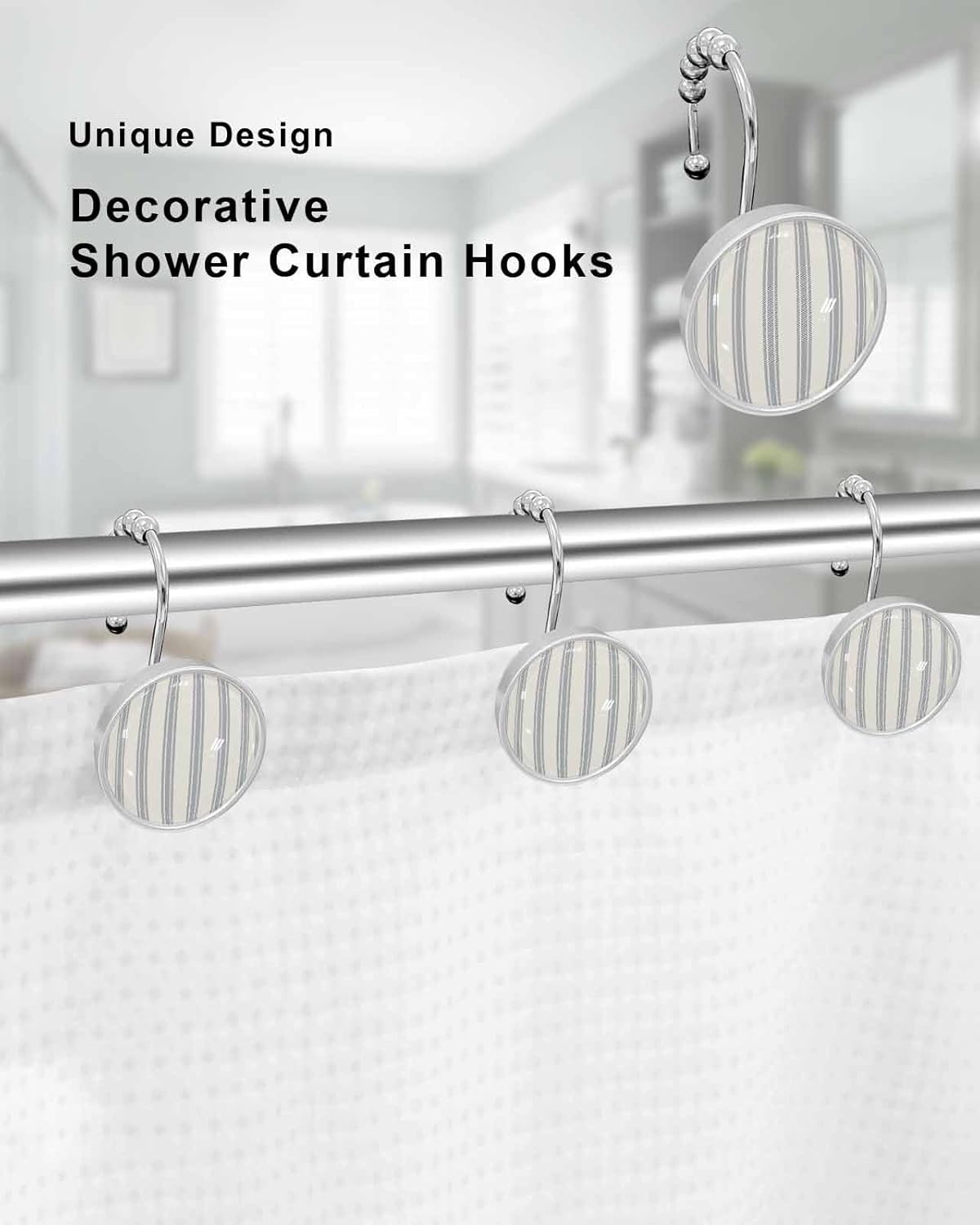 Shower Curtain Hooks 12 Pcs Hand Drawn Lines Stripes Linen Patterns Stainless Steel Rust Proof Rolling Shower Curtain Rings, Decorative Shower Curtain Hooks Hangers for Bathroom
