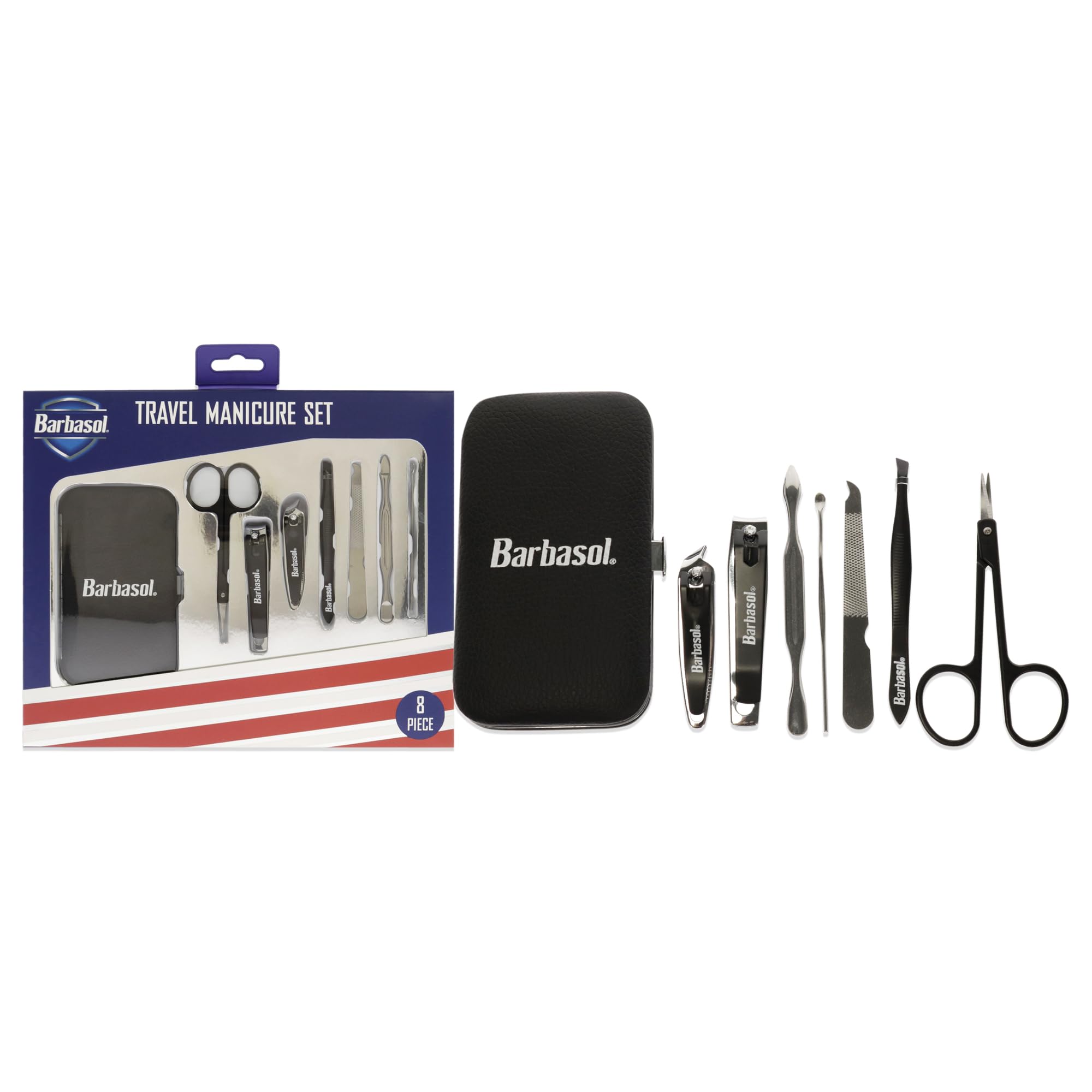 Barbasol 8 Piece Travel Manicure Set with Scissors, Nail Clippers, Nail File, Tweezers, Cuticle Pushers and Travel Case
