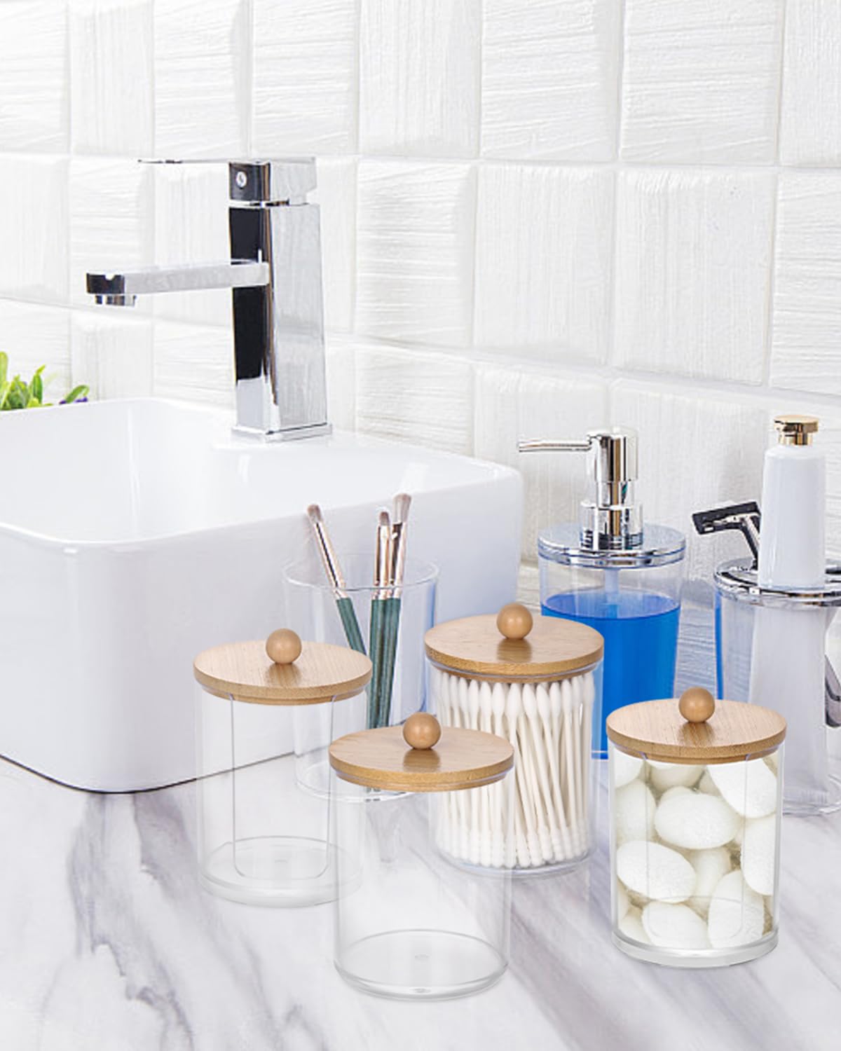 Dispensador de Algodón y Hisopos - 4 Piezas Soporte Con Tapas de Bambú Para Almohadillas y Bolas de Algodón - Contenedor Cosmético