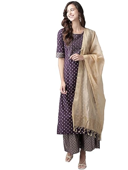 Amazon Brand - Anarva Womens Cotton Straight Knee Length Kurta | Gold Print Sharara Set (Purple) (AMSKD0008PURPLE)
