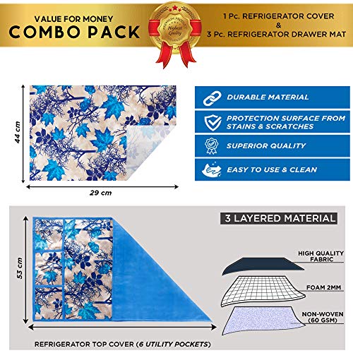 Image of Combo Set of 1 Pc Fridge Top Cover With 6 Utility Pockets and 3 Pc Fridge Mats (Blue, Set of 4)