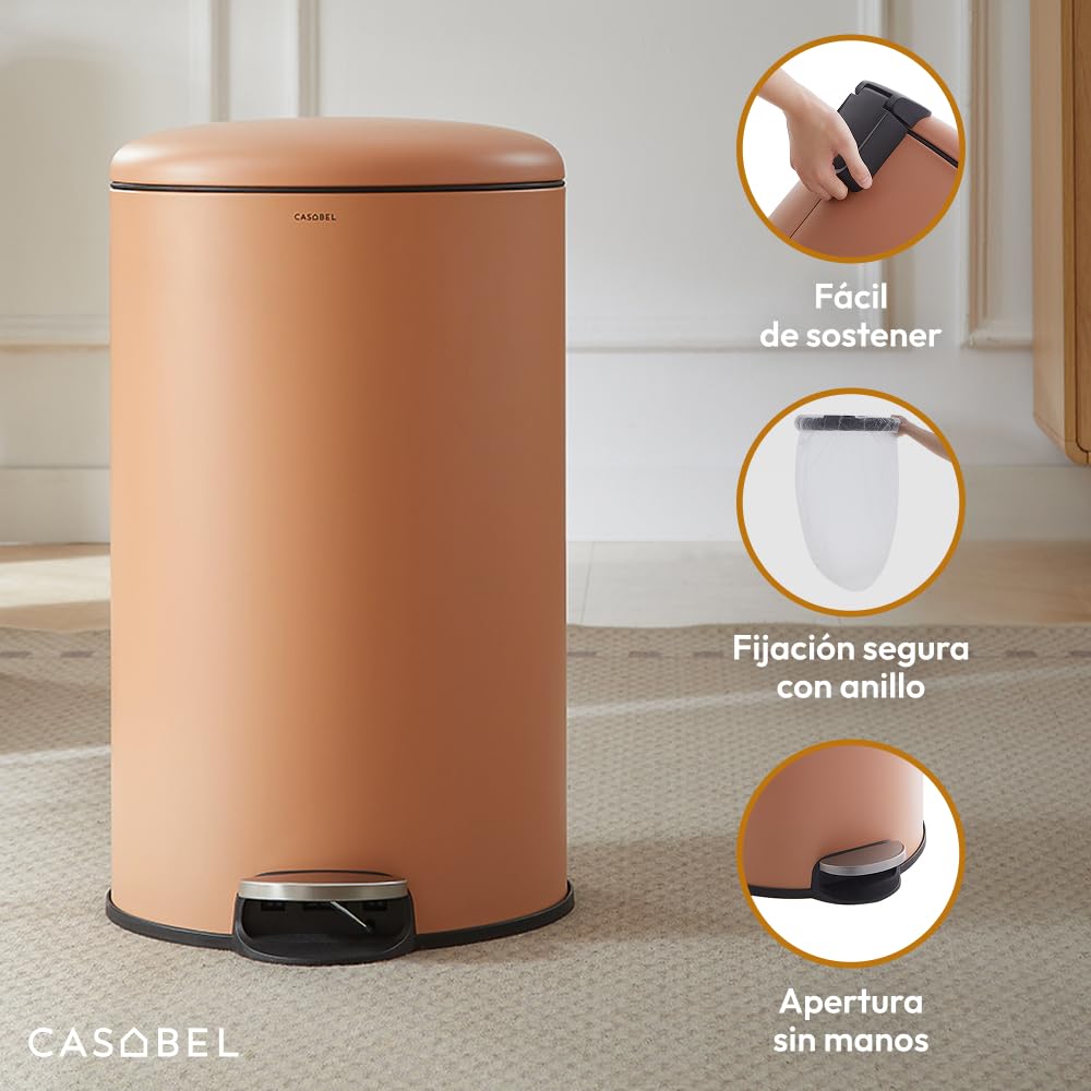 CASABEL Cubo de basura de cocina redondo 50L, acero inoxidable, terracota | Apertura con pedal, Cierre suave, Acero antihuellas, Aro de sujeción de bolsa, Asa de transporte, Fácil mantenimiento