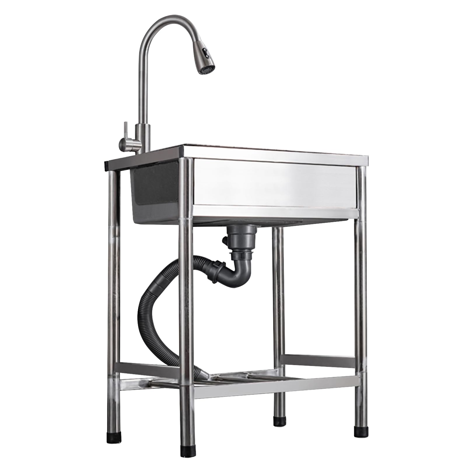 Fregadero utilitario de acero inoxidable, fregadero de cocina móvil con estante de almacenamiento, independiente para exteriores, grifo de 360° extensible, lavabo multifuncional para interiores.