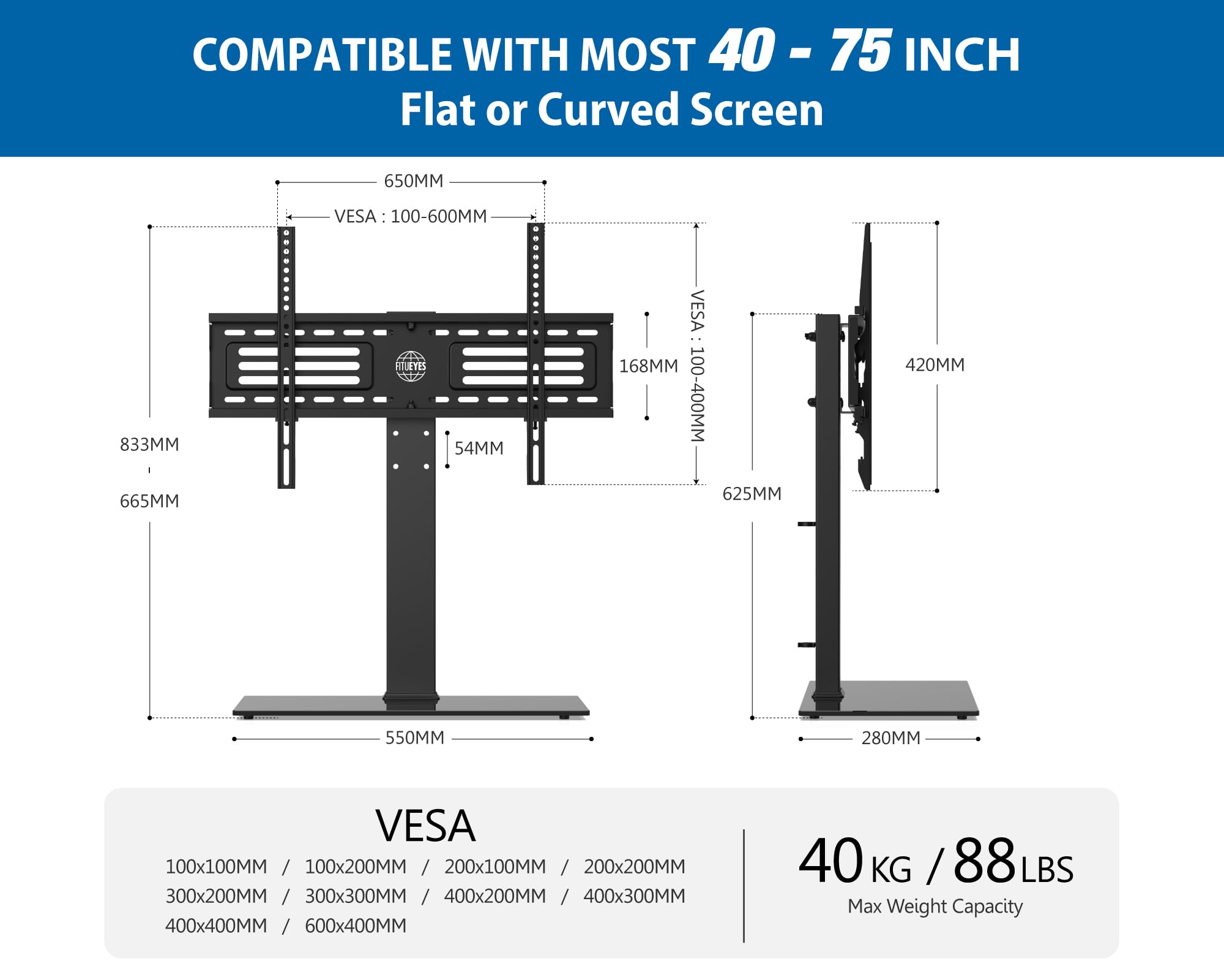 FITUEYES Soporte TV Mesa para Pantallas de 40 a 75 Pulgadas hasta 40kg,Soporte TV Pie de Mesa con Función de Altura Ajustable,Soporte TV de Pie Negro con Base de Cristal,MAX VESA 600x400mm