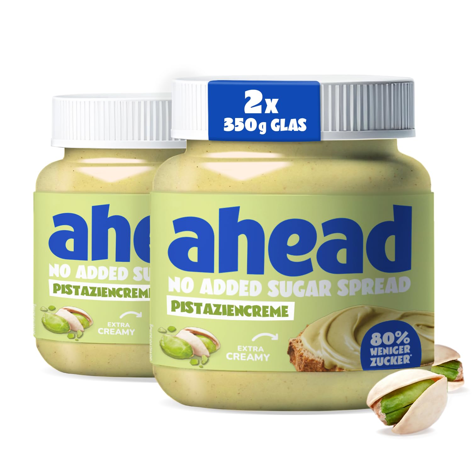 ahead Pistaziencreme 350 g x 2 | ohne Zuckerzusatz | Super leckere pistazien mit 80% weniger Zucker* | Ohne Palmöl, glutenfrei & vegetarisch | Zuckerarme pistazienmus